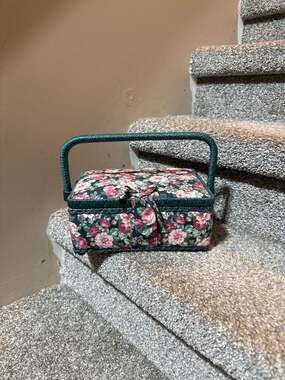 Vintage Wicker Sewing Basket Green & Floral Roses Fabric